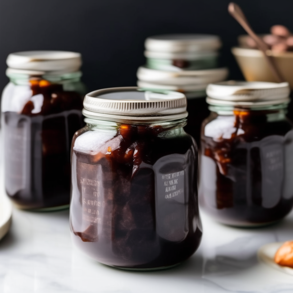 Jars of homemade Beef Bourguignon Preserve on a white marble counter