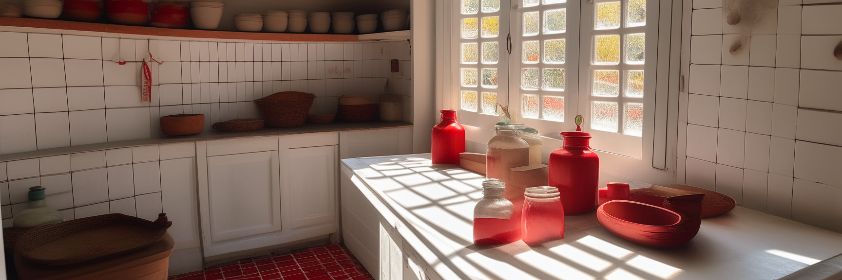 An Andalucian style kitchen with red floor tiles and white cabinets, sunlight streaming in through a window above the sink, wooden countertops with various sized glass preserve jars containing handwritten recipe cards sitting on top