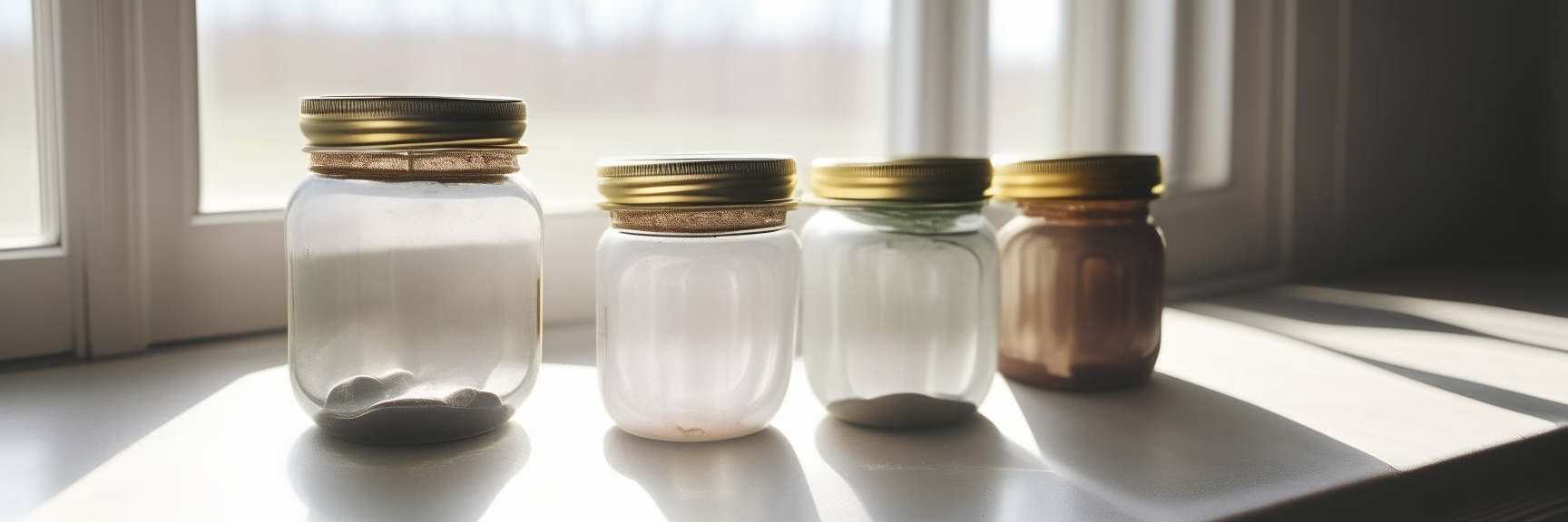 Four glass mason jars with metal lids on a white marble countertop, sunlight streaming in from the window creates a rim light effect around the jars