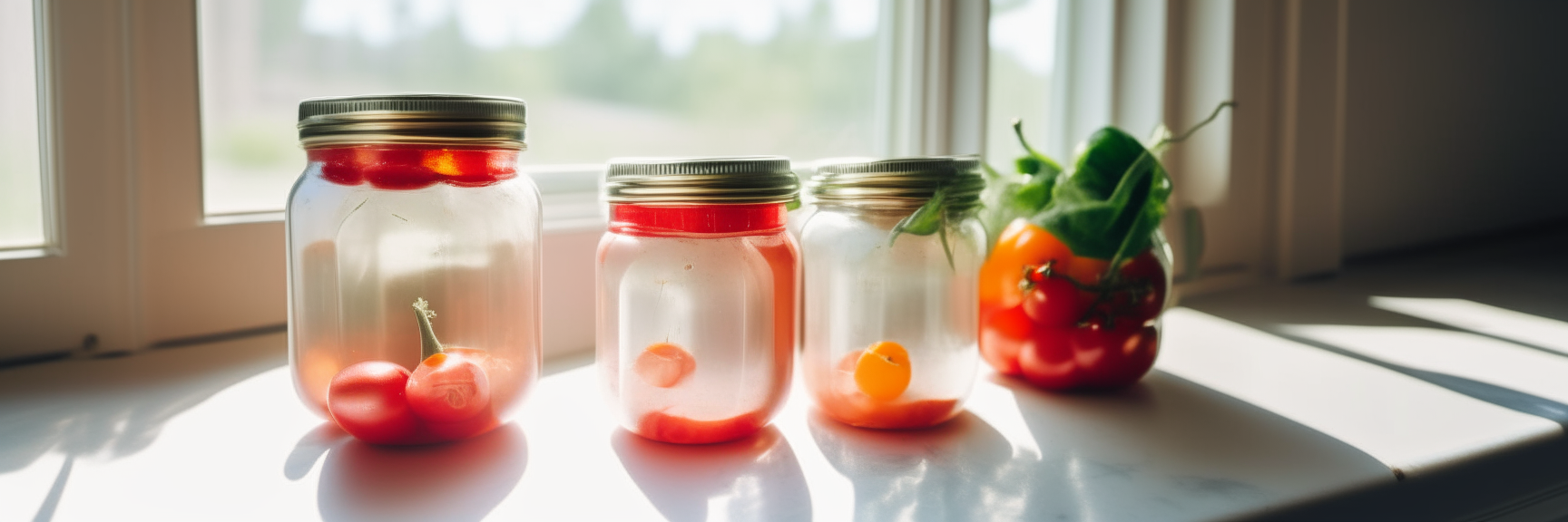 Four glass mason jars filled with tomatoes, peaches, green beans, and strawberries sitting on a white marble countertop with sunlight streaming in from the window