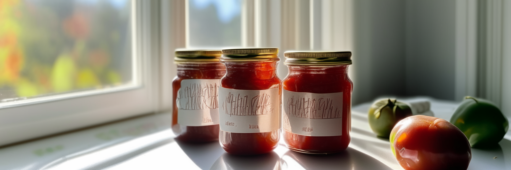 Four glass mason jars with labels reading 'Strawberry Rhubarb Jam', 'Spicy Pickled Green Beans', 'Peach Vanilla Bean Butter', and 'Fire Roasted Tomato Sauce' on a white marble countertop, with sunlight streaming in from the window