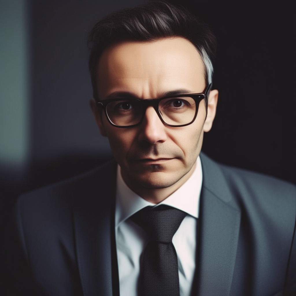 man in suit with glasses staring at camera