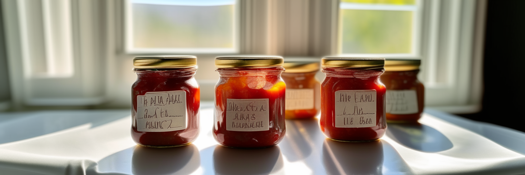 Four glass mason jars with labels reading 'Strawberry Rhubarb Jam', 'Spicy Pickled Green Beans', 'Peach Vanilla Bean Butter', and 'Fire Roasted Tomato Sauce' on a white marble countertop, with sunlight streaming in from the window