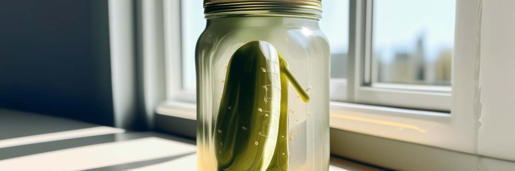 A glass mason jar filled with whole gherkin pickles and brine sitting on a white marble countertop with sunlight streaming in from the window