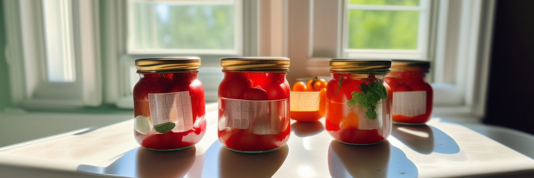 Four glass mason jars filled with tomatoes, peaches, green beans, and strawberries sitting on a white marble countertop with sunlight streaming in from the window