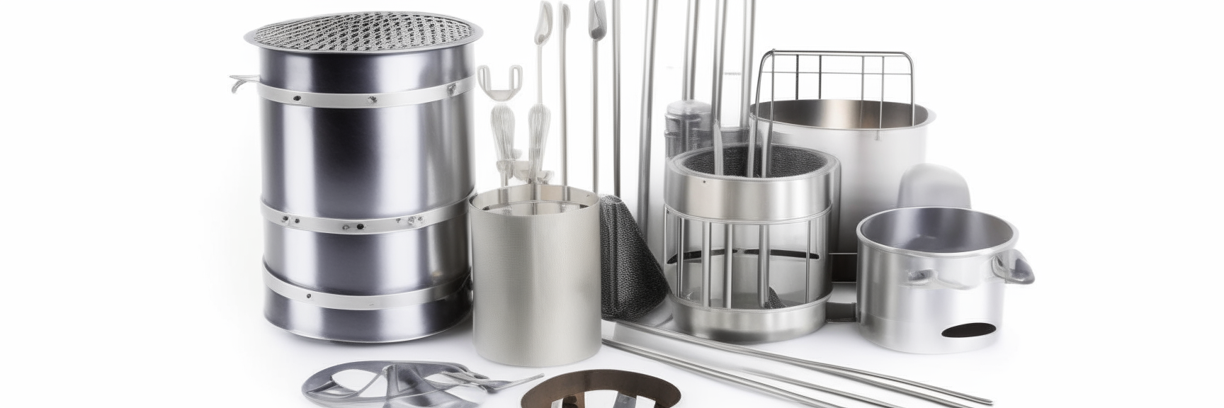 A variety of silver pressure canning utensils including a rack, tongs, funnel, and air vent tool arranged on a white background