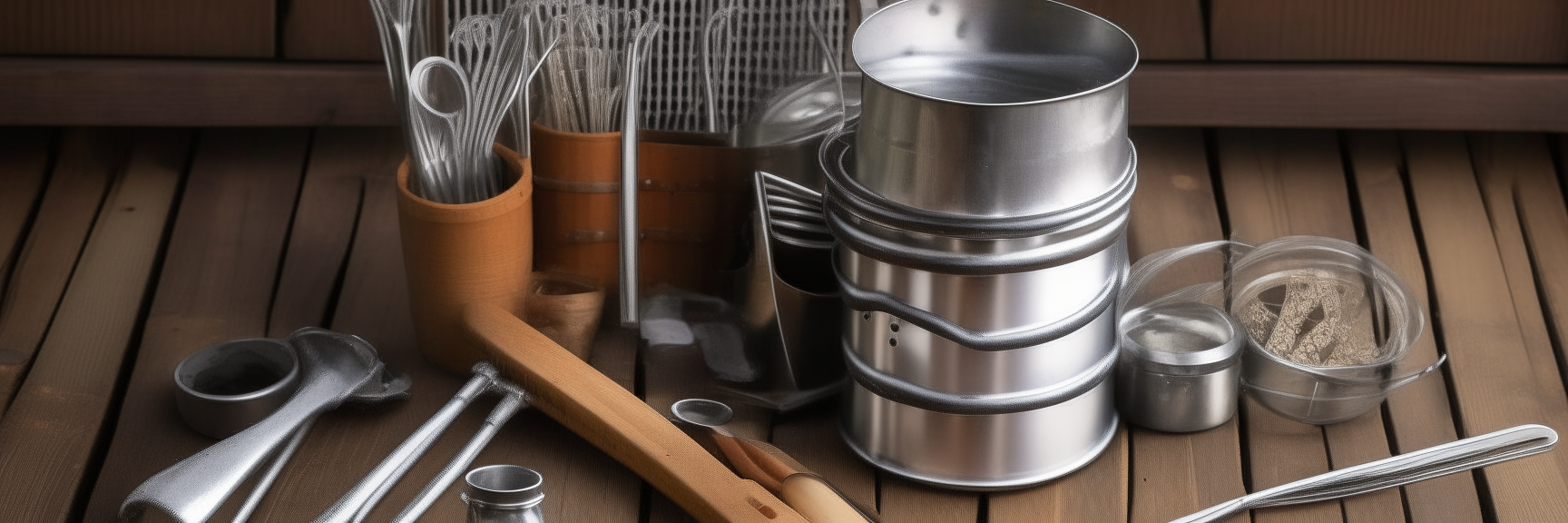 Silver pressure canning utensils including a rack, tongs, funnel and air vent tool arranged on a rustic wooden table