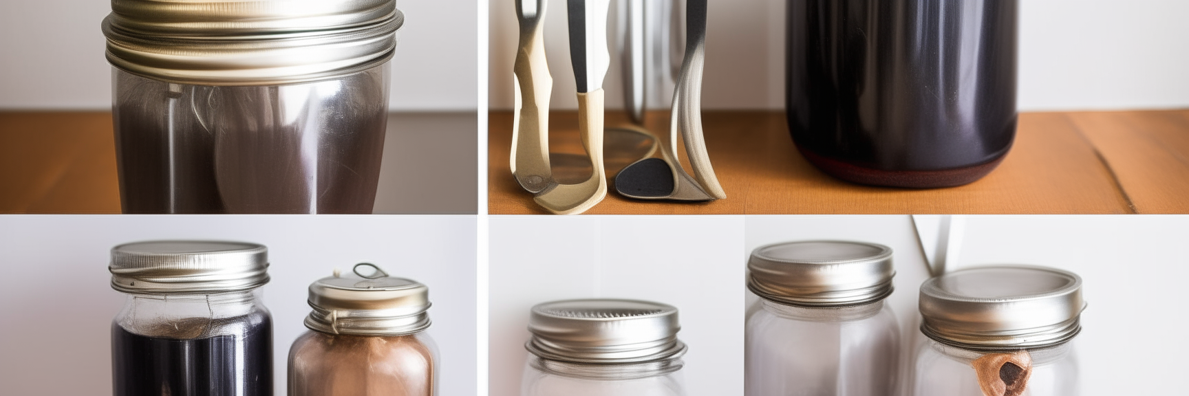 A collage of images 1, 5 and 9 showing canning jars and utensils