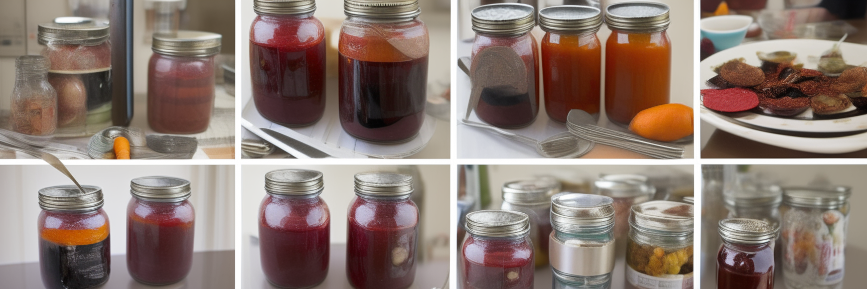 A collage of images 3, 4 and 8 showing canning jars with recipes and utensils