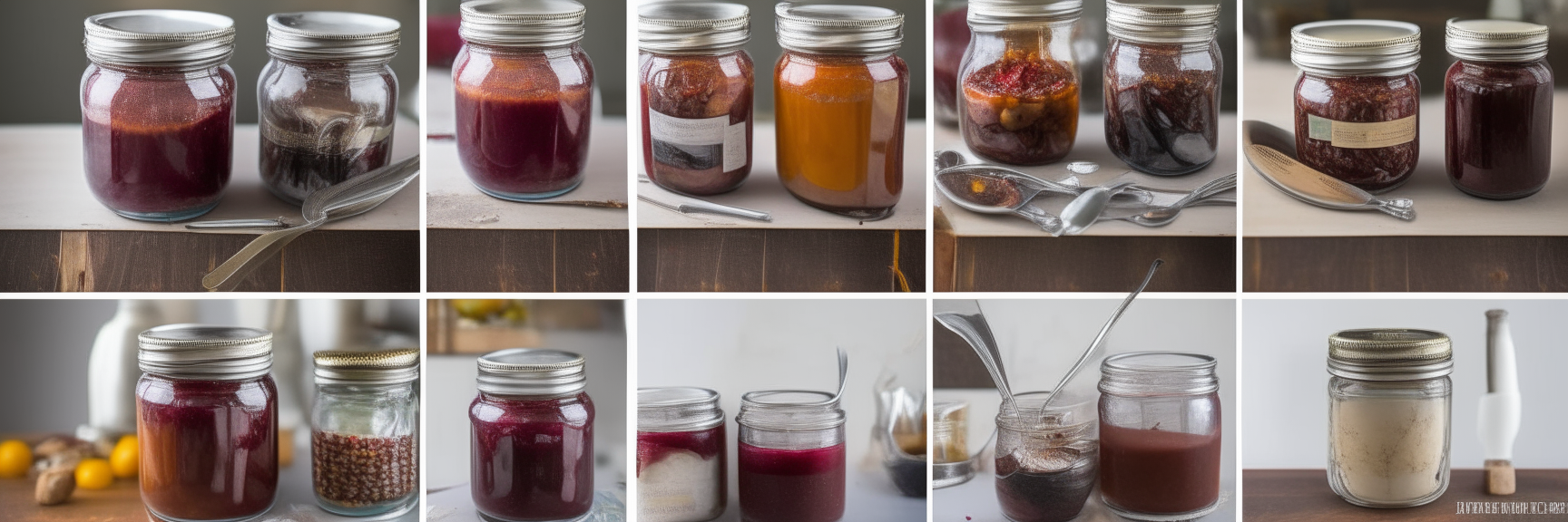 A horizontal collage of images 3, 4 and 8 showing canning jars with recipes and utensils