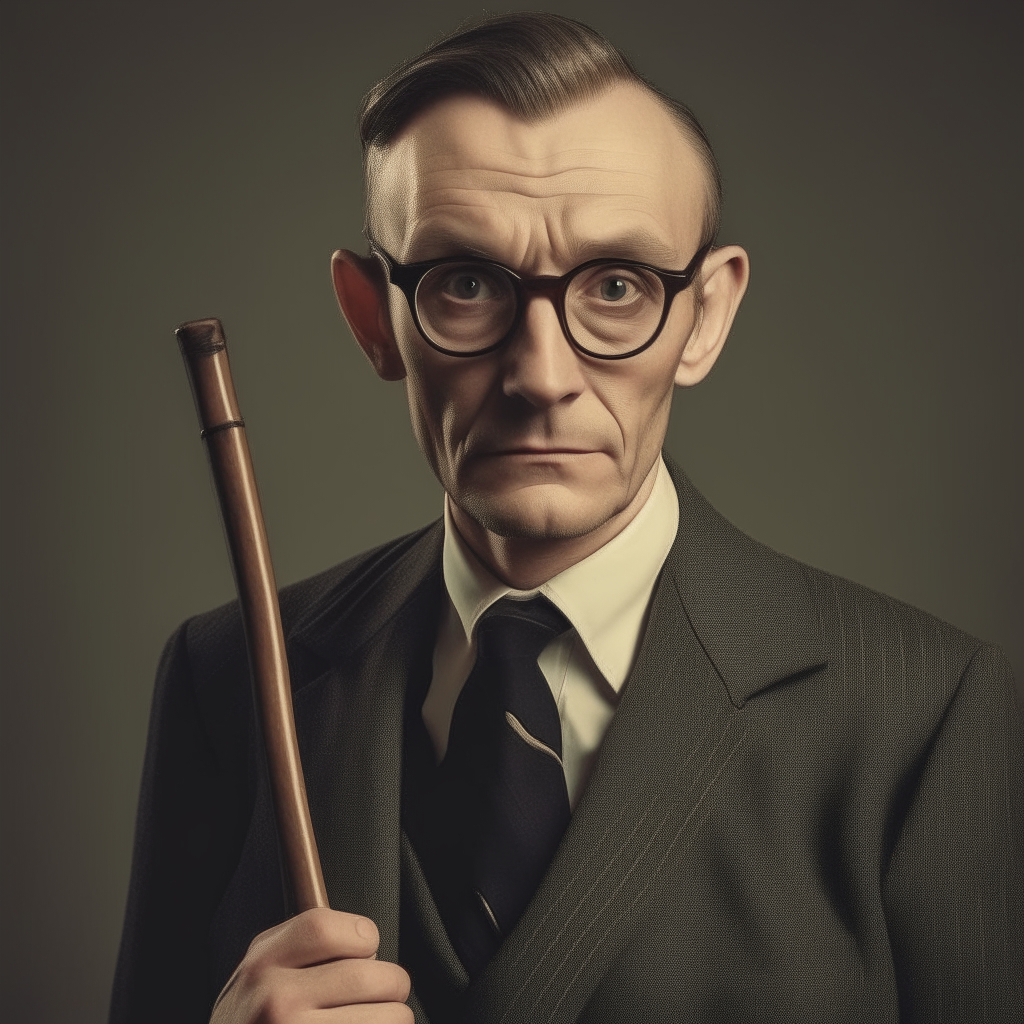 MAN IN SUIT WITH GLASSES HOLDING A CANE STARING AT CAMERA