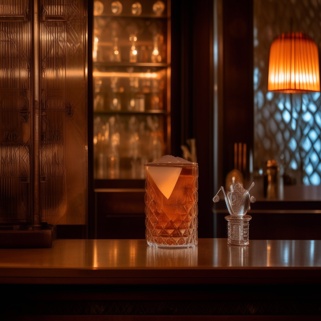 An old fashioned cocktail in an art deco bar, zoomed in to occupy 40% of the frame. Intricate wood and metal decor behind the glass. An old fashioned cocktail in an art deco bar, zoomed in to occupy 40% of the frame. Elegant lighting and 1920s design elements behind the glass.