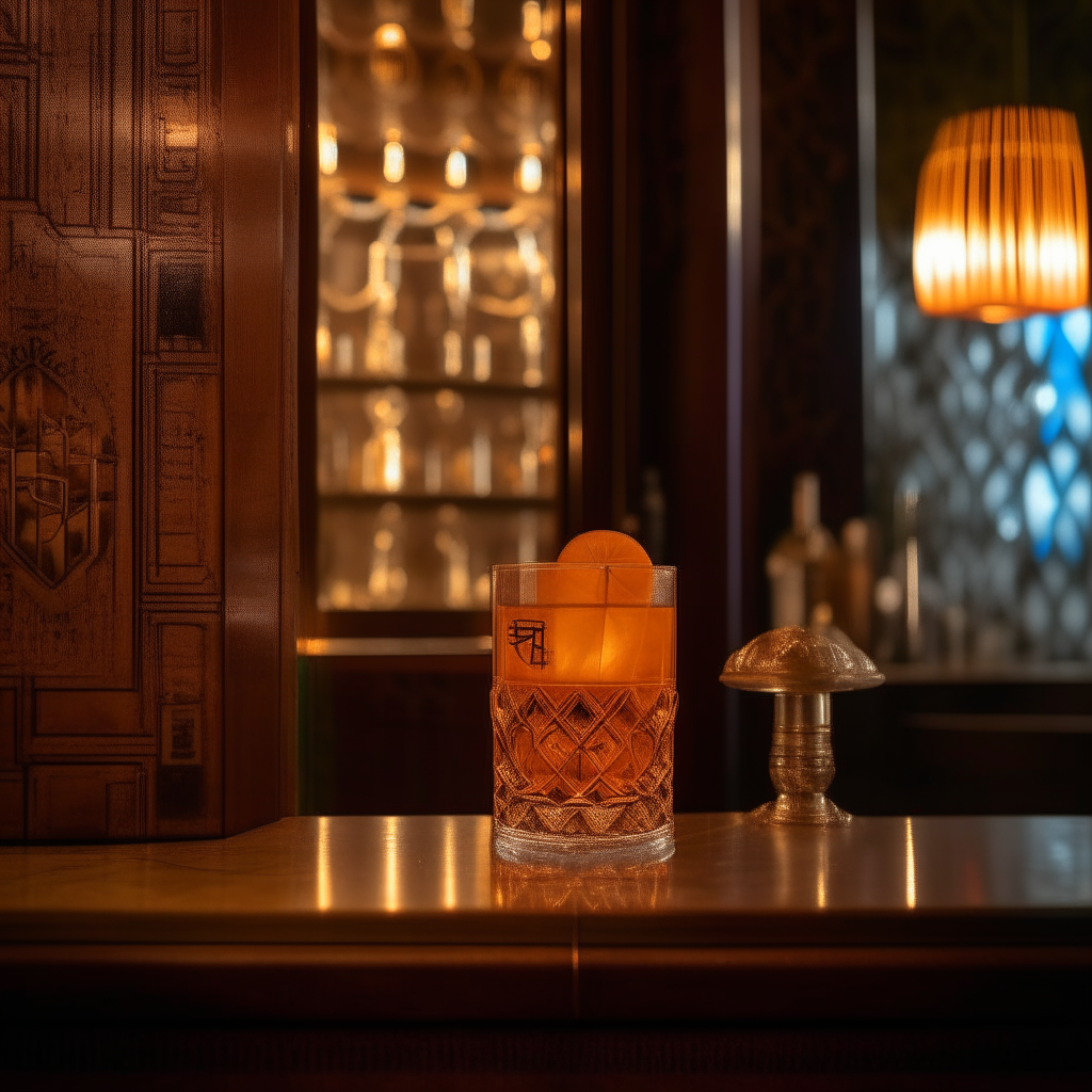 An old fashioned cocktail in an art deco bar, zoomed in to occupy 70% of the frame. Intricate wood and metal decor behind the glass.