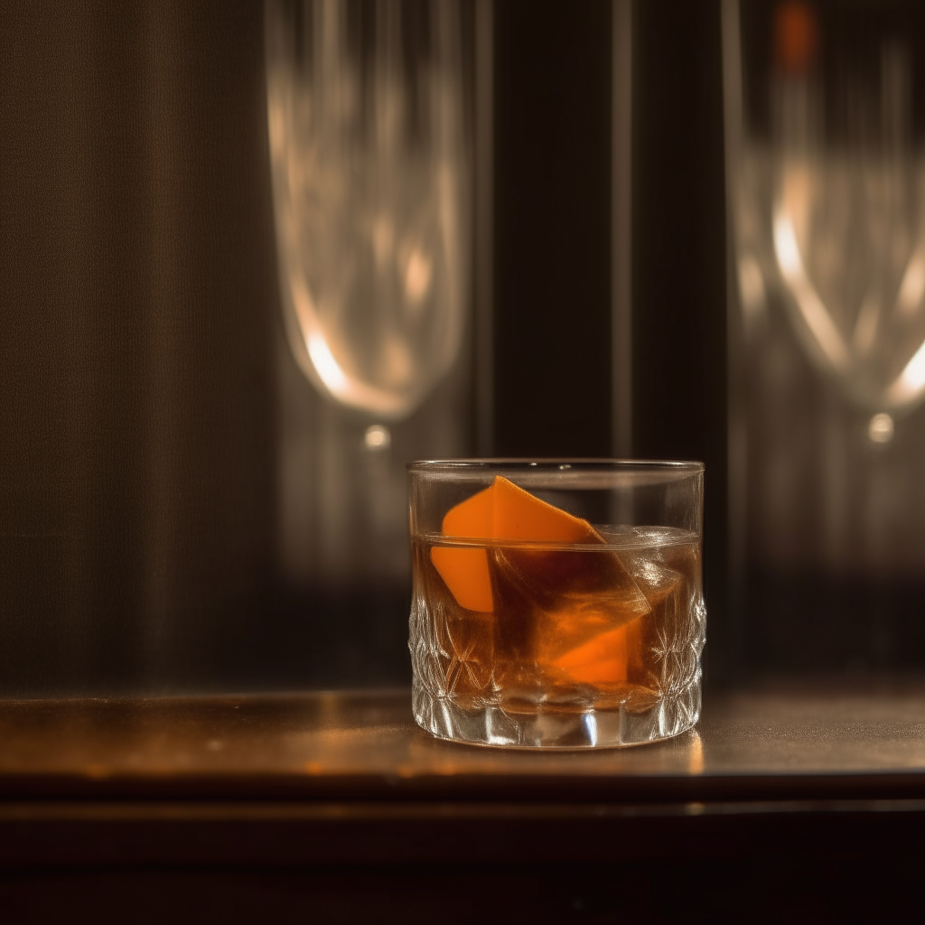 An old fashioned cocktail in a plain glass, zoomed in to fill 90% of the frame. No decoration on the glass.