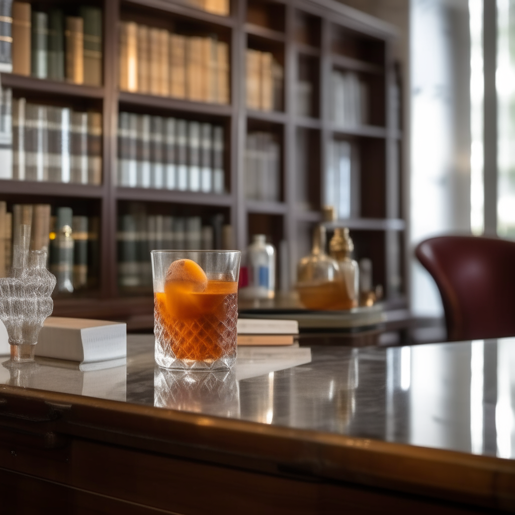 An old fashioned cocktail on a wooden table in a library with bookshelves in the background An old fashioned cocktail on a marble countertop in a modern kitchen with stainless steel appliances