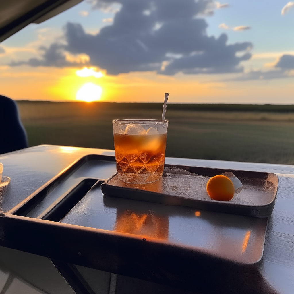 An old fashioned cocktail on a picnic table outdoors at sunset An old fashioned cocktail on an airplane tray table looking out the window at clouds