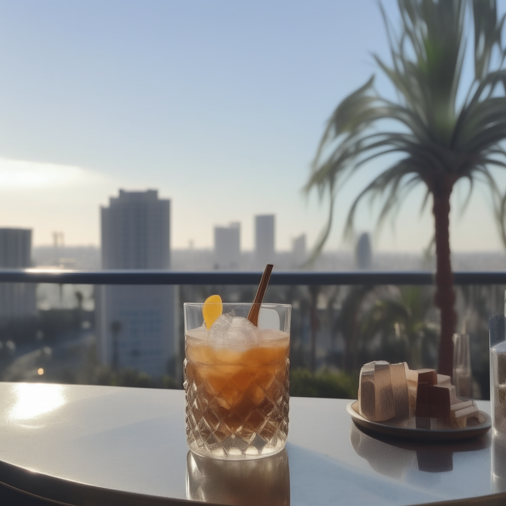 An old fashioned cocktail on a wicker table on a patio with palm trees in the background An old fashioned cocktail on a desk in an office with a city skyline view through the window