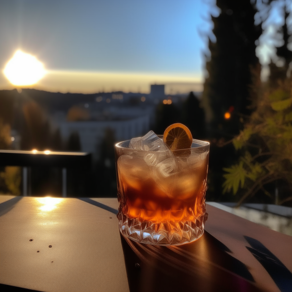 An old fashioned cocktail on a table at a rooftop restaurant overlooking a city at night An old fashioned cocktail on a tree stump in a forest with beams of sunlight streaming through the trees