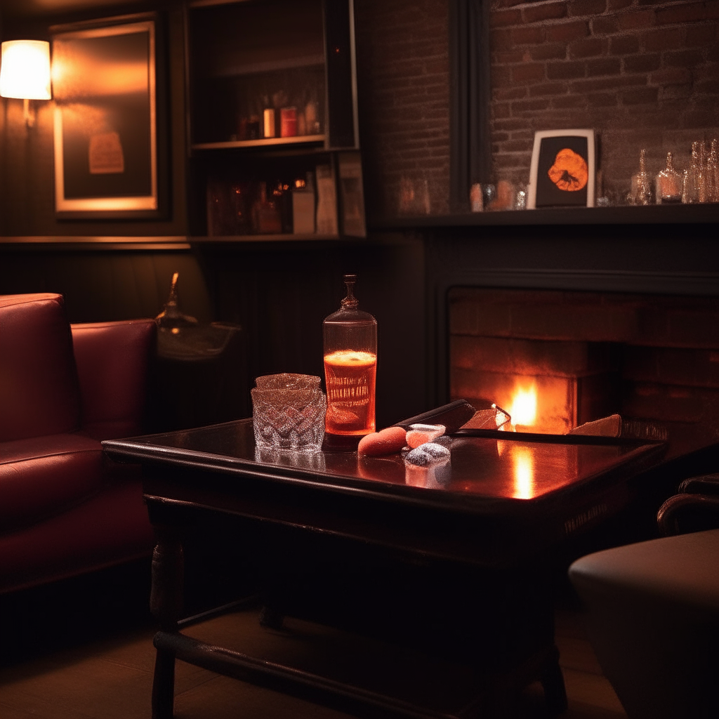 An old fashioned cocktail on a coffee table in a living room with a brick fireplace An old fashioned cocktail on a bar top in a dimly lit lounge with neon signs