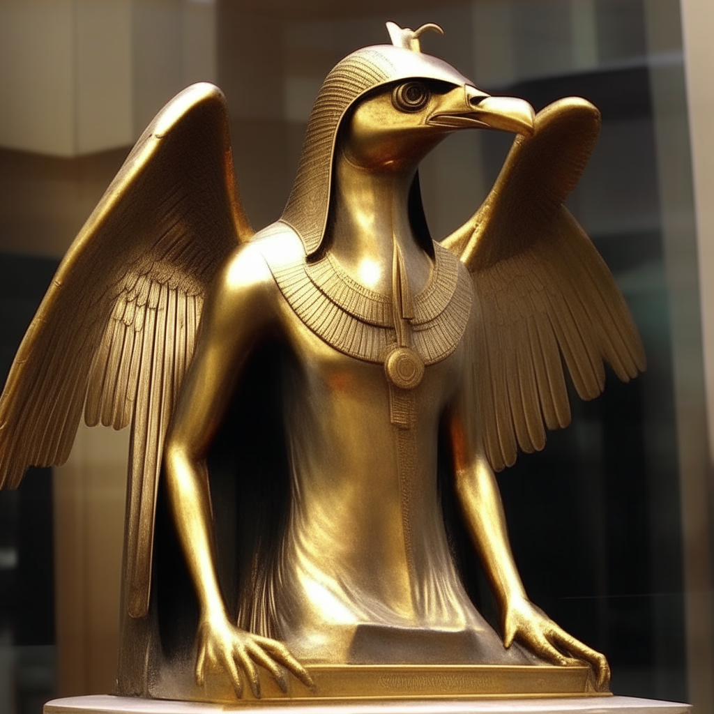 La estatua o escultura del Dios Horus lo más realista posible, grande, dorada y hermosa 