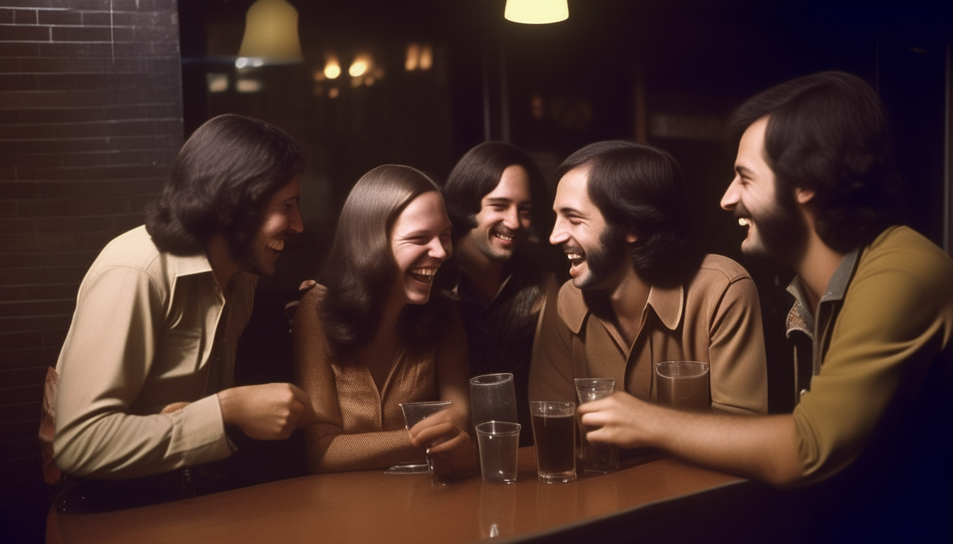 A group of friends laughing together at a dimly lit neighborhood bar in the 1970s.