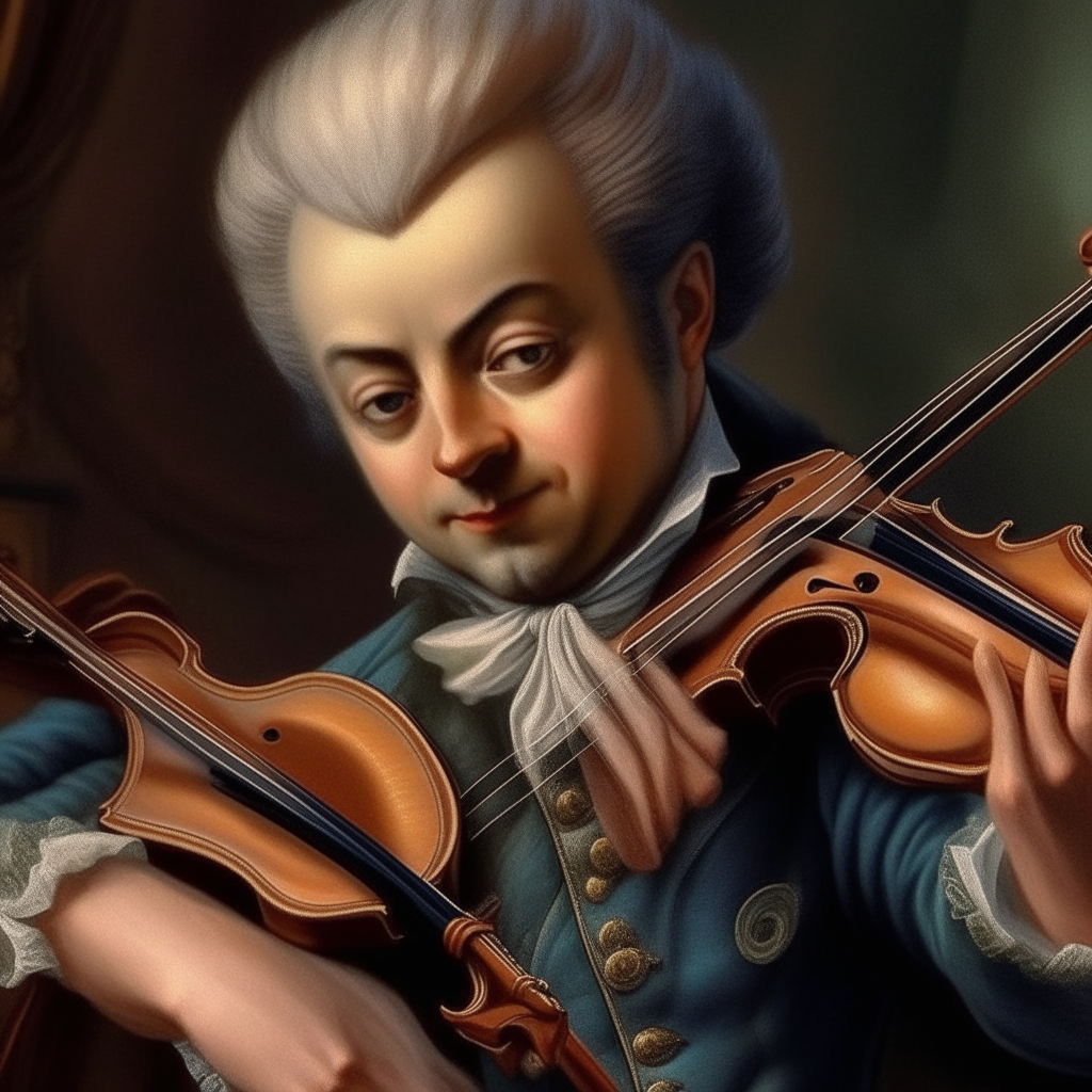 Mozart, bien realista, tocando el violín, y que se vea guapo