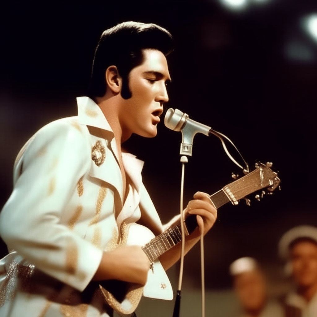 Elvis Presley en concierto, lo más realista posible y que se vea guapo 