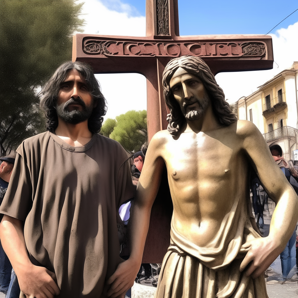 Cristo colgado en la cruz con los dos ladrones y lo más realista posible 