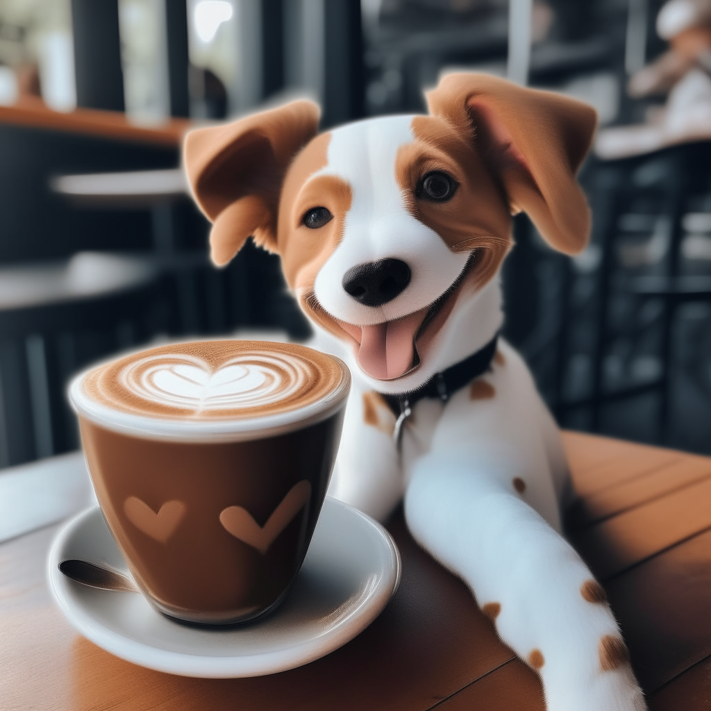 a happy puppy drinking a latte with heart-shaped foam art in a coffee shop