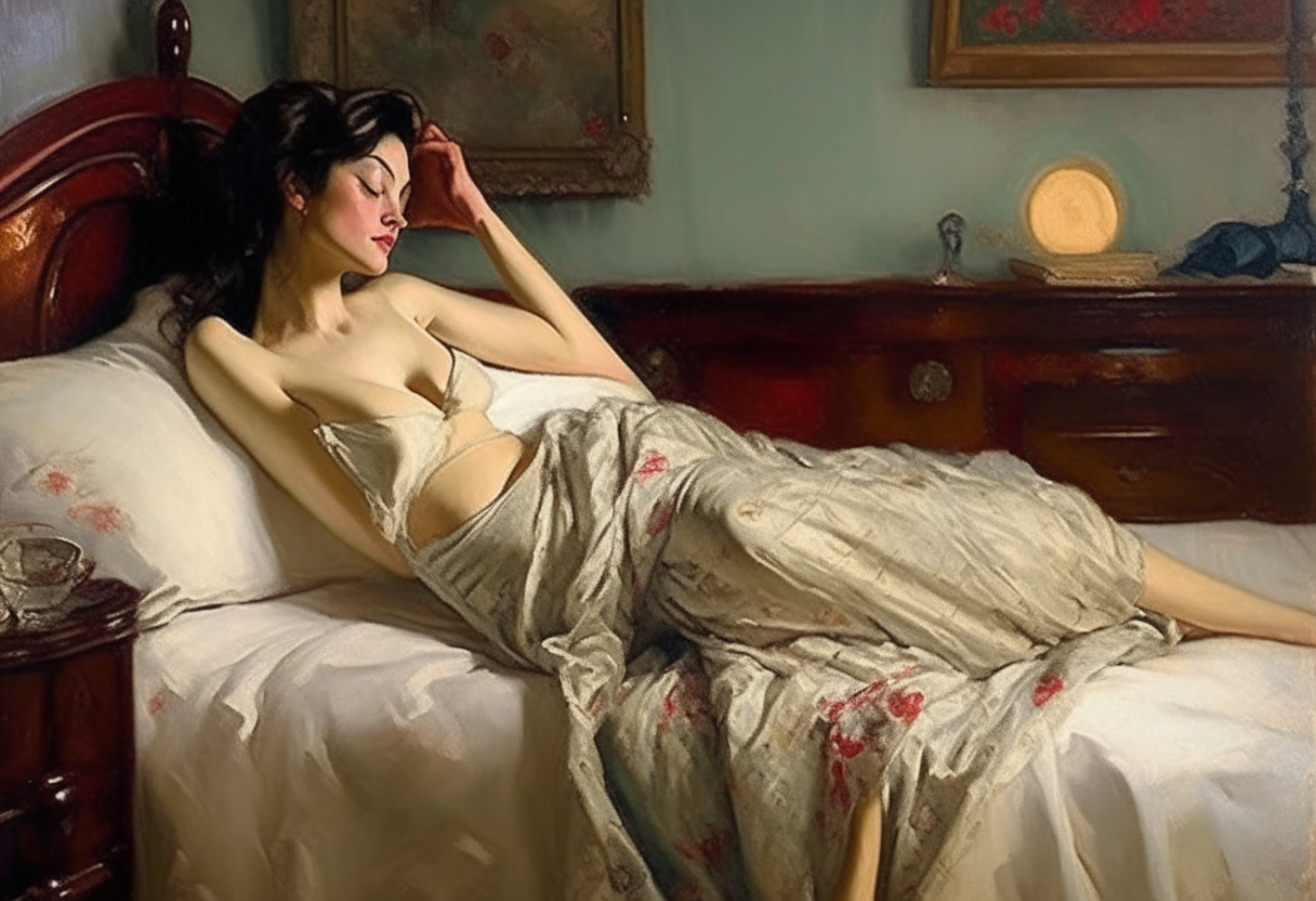 Un desnudo de una mujer bella y esbelta recostada en una cama elegante y que sea una pintura en un lienzo 