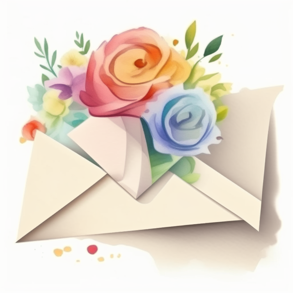 an envelope with a paper visible inside, a colorful wedding bouquet placed next to it on a table, illustrated in a soft pastel watercolor style