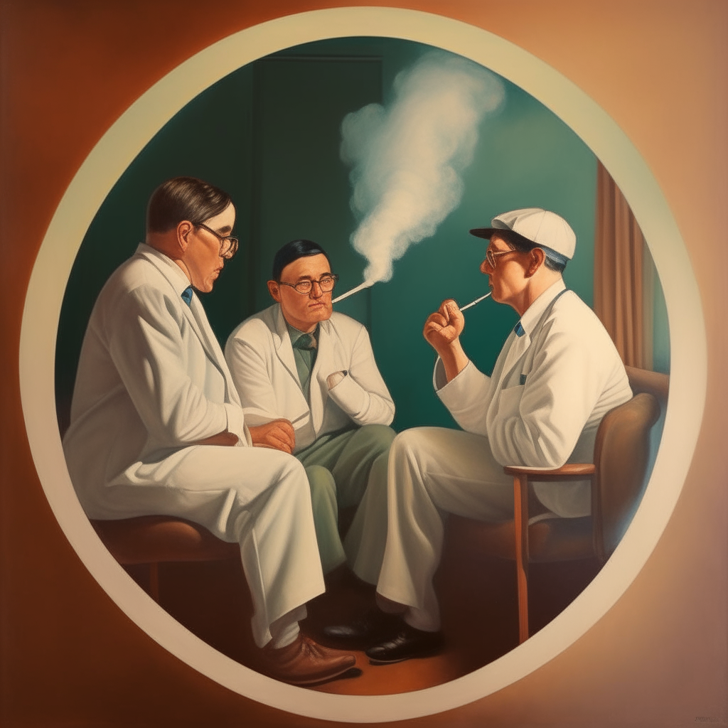 3 smoking surgeons in a circle after delivering a baby in the style of edward hopper
