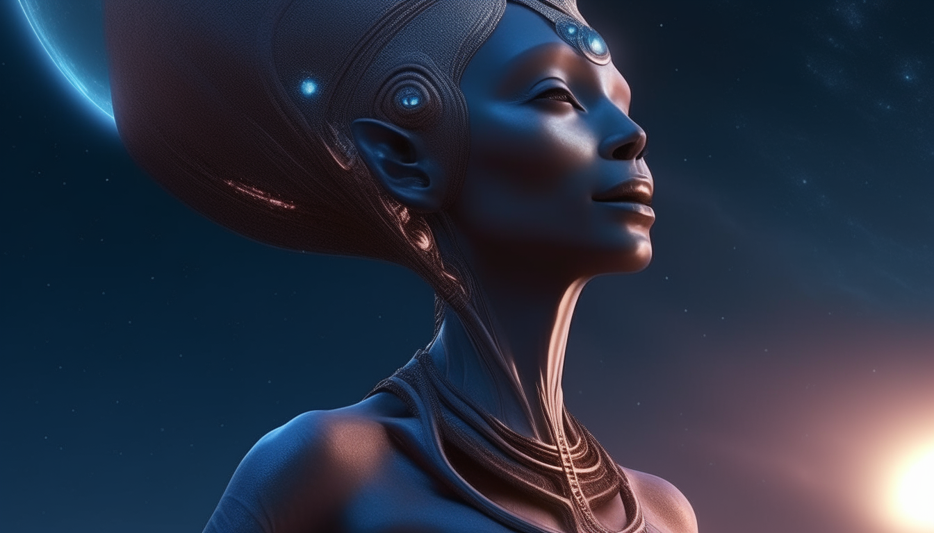 a beautiful Arcturian alien goddess looking towards the cosmic sky above, hyper realistic details, 4K quality, dark sci-fi fantasy style