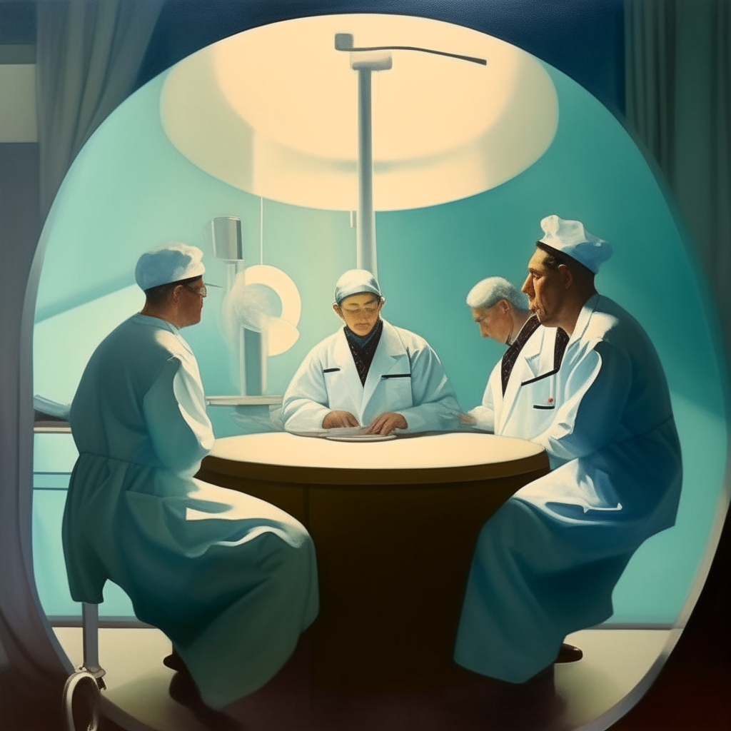 3 smoking surgeons in a circle after delivering a baby. They are still in the operating room. Make it in the style of edward hopper
