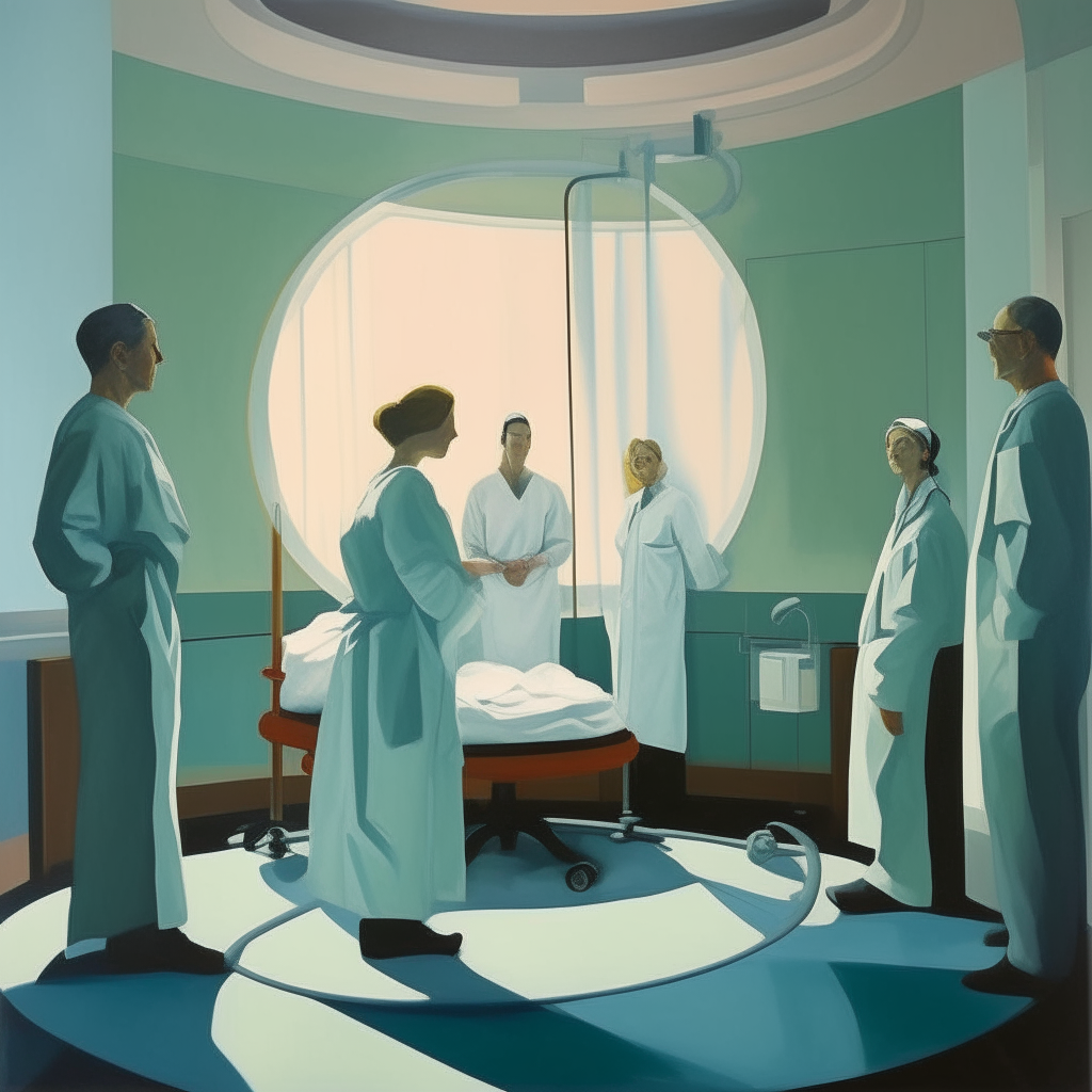 3 smoking surgeons standing in a circle after delivering a baby. They are still in the operating room. The mother and baby are in the room, too. Create it in the style of edward hopper
