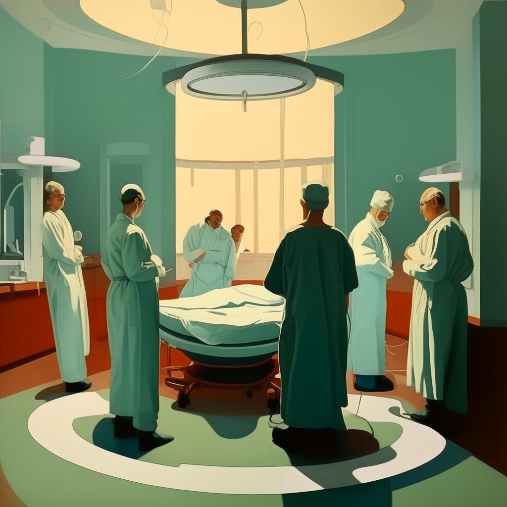 3 cigar-smoking surgeons standing in a circle after delivering a baby. They are still in the operating room. The mother and baby are in the room, too. Create it in the style of edward hopper
