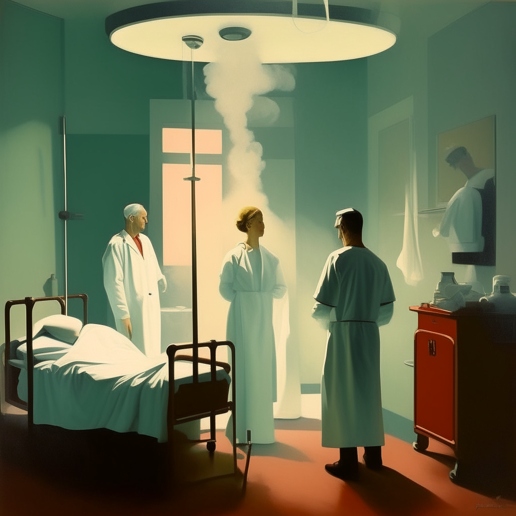 3 cigar-smoking surgeons standing in a circle after delivering a baby. Smoke is visible. They are still in the operating room. The mother and baby are in the room, too. Create it in the style of edward hopper
