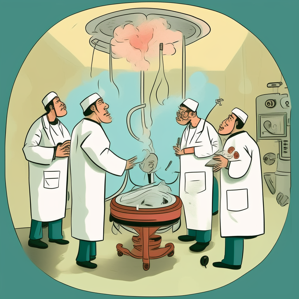 3 cigar-smoking surgeons standing in a circle after delivering a baby. Smoke is visible. They are still in the operating room. The mother and baby are in the room, too. Create it in a cartoonish style.
