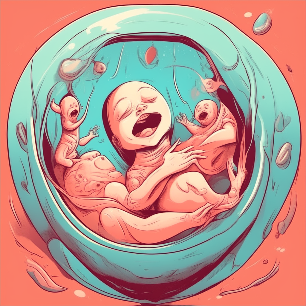 Inside view of a mother's womb. A baby is floating happily in the amniotic sac.  Create it in a cartoonish style.