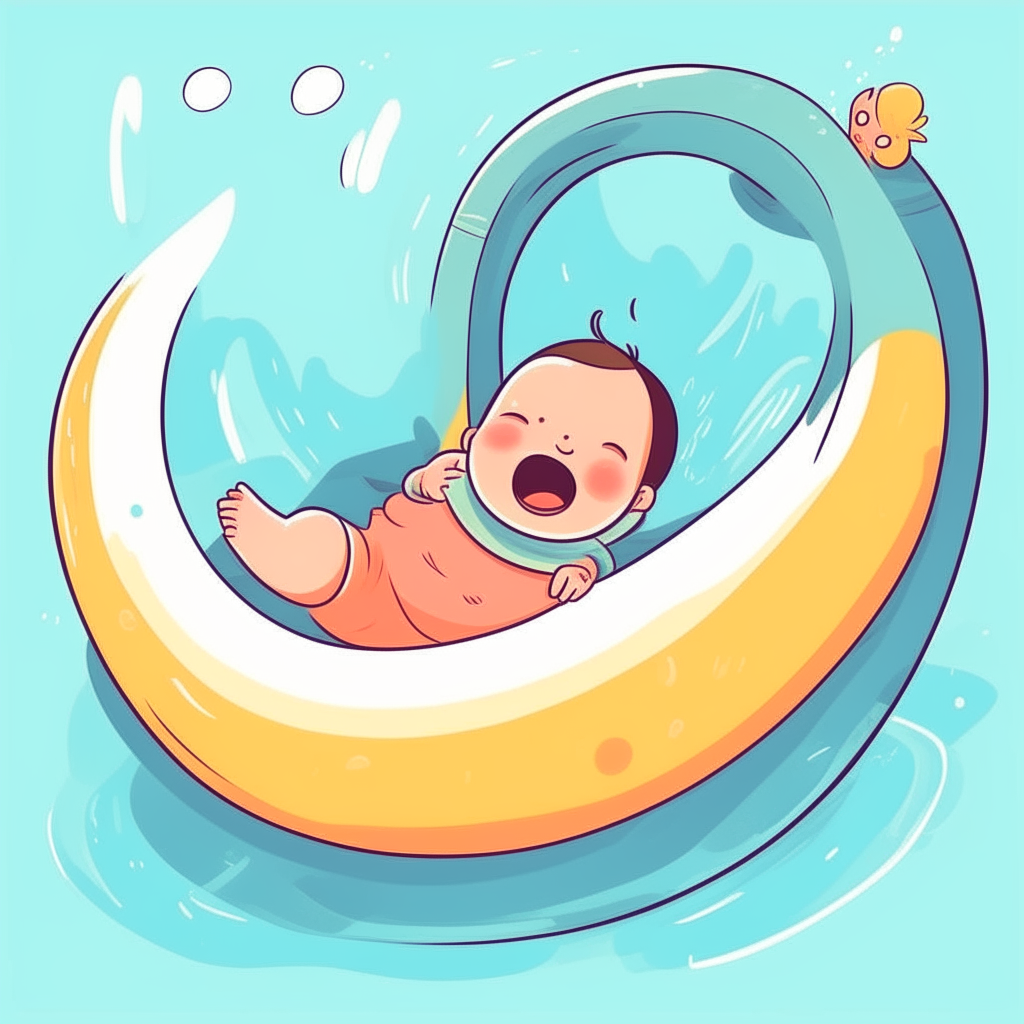 A baby is happily sliding through the birth canal .  Create it in a cartoonish style.