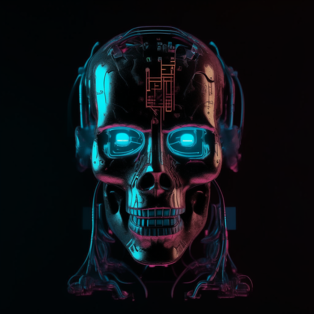 a futuristic dark skull cyborg with intricate circuits covering his face, words 'I Robot' on his forehead, neon lighting, cyberpunk aesthetic