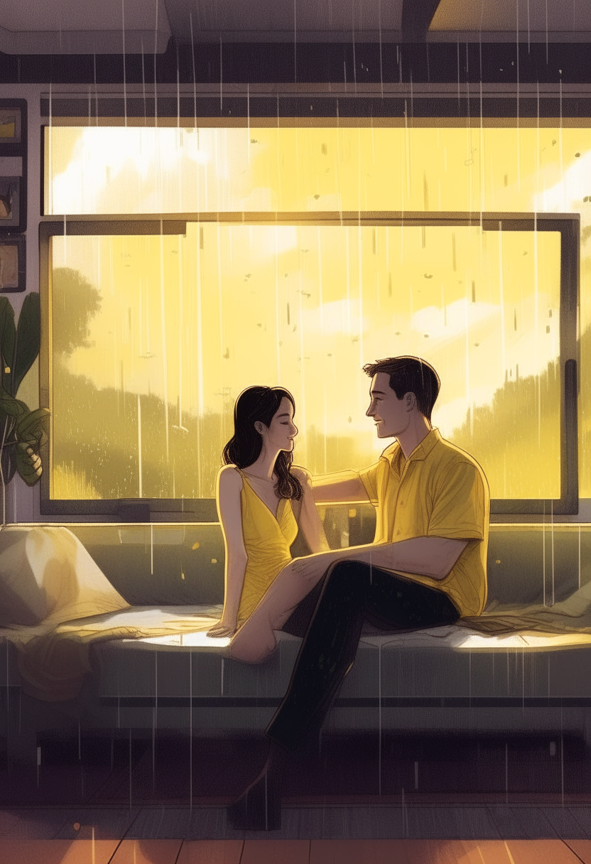 A large, clear picture of a white-skinned man with a thin body, and next to him is his beautiful lover with a full body and appearance in a romantic situation. They are looking at the screen and next to them is a large window behind which rain is falling clearly. Behind them is a sofa in a house with a yellow wall that opens in a romantic atmosphere. They are listening to music and in the background of billowing blue smoke. 