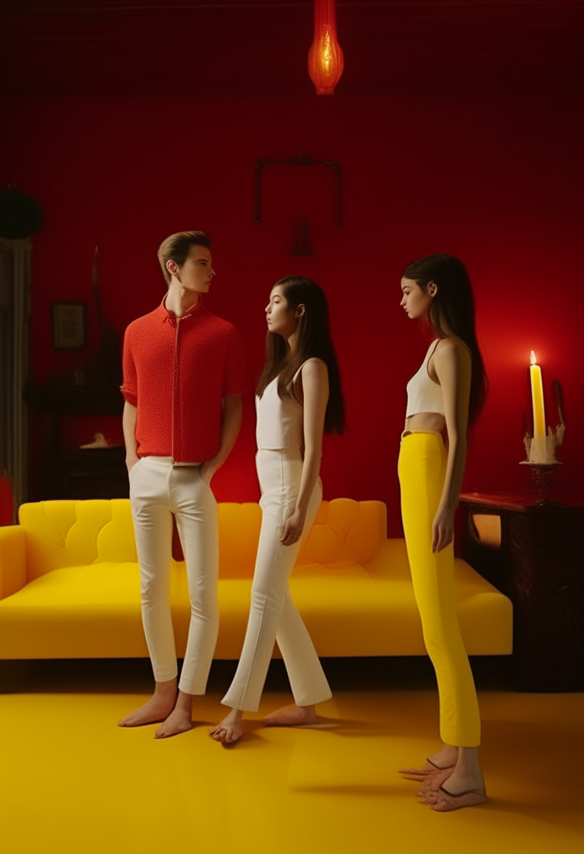 A white, skinny, skinny man with his girlfriend, a white, skinny, beautiful woman in a standing position, looking forward, full body, on the side, a red sofa and a candle on a yellow table, inside a big house, in a concert mood. 