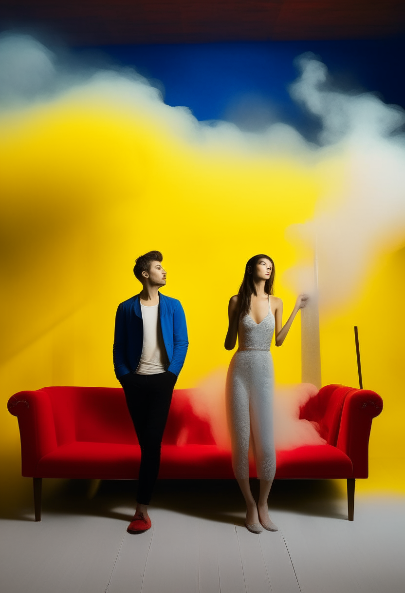 A white, skinny, skinny man with his girlfriend, a white, skinny, beautiful woman in a standing position, looking forward, full body, on the side, a red sofa and a candle on a yellow table, inside a big house,Alone and with a background of billowing blue smoke  in a concert mood. 