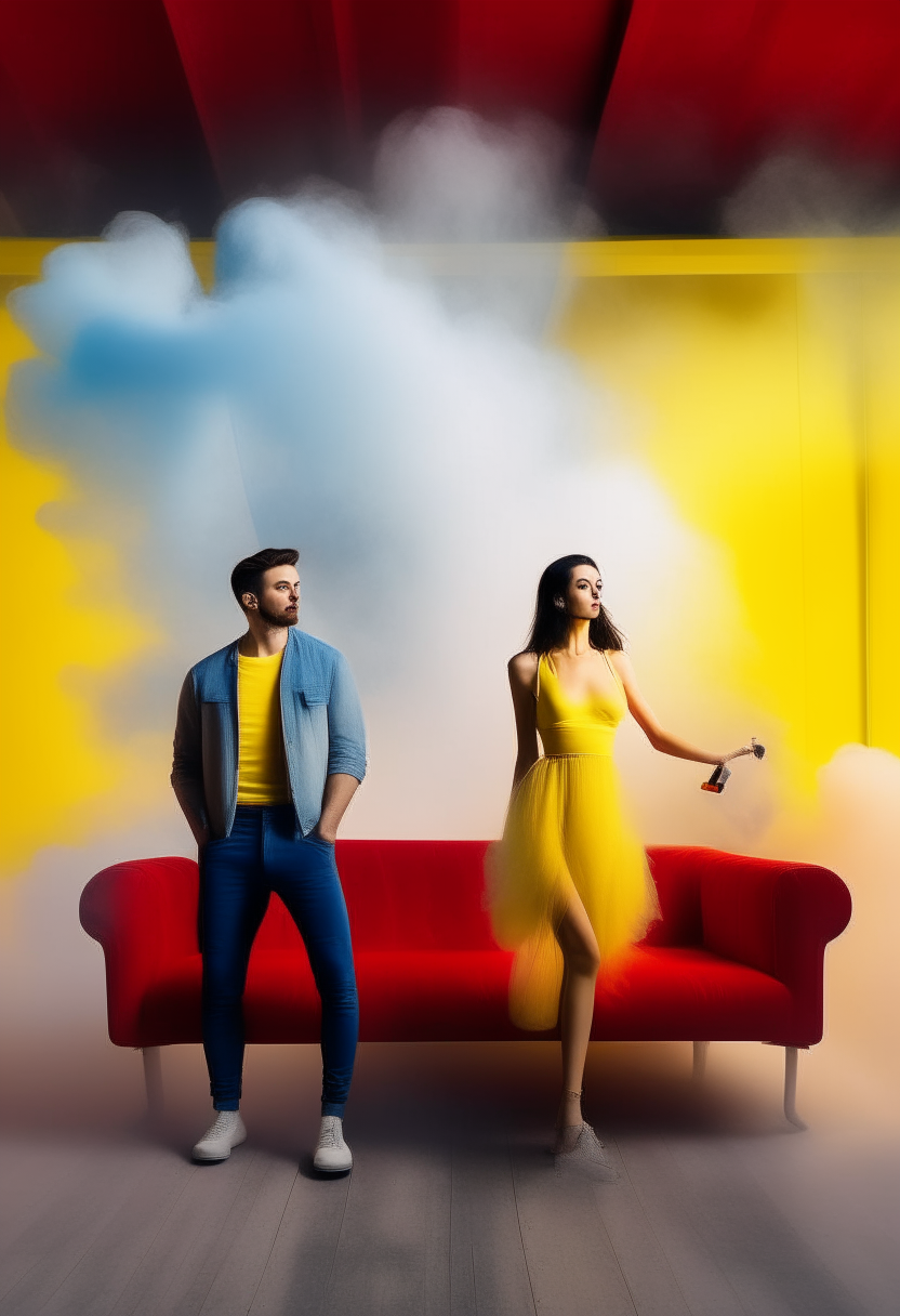 Clear and large picture A white, skinny, skinny man with his girlfriend, a white, skinny, beautiful woman in a standing position, looking forward, full body, on the side, a red sofa and a candle on a yellow table, inside a big house,Alone and with a background of billowing blue smoke  in a concert mood. 