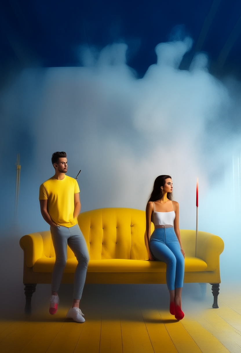 Clear and large picture A white, skinny, skinny man with his girlfriend, a white, skinny, beautiful woman in a standing position, looking forward, full body, on the side, a red sofa and a candle on a yellow table, inside a big house,Alone and with a background of billowing blue smoke  in a Romance  mood. 