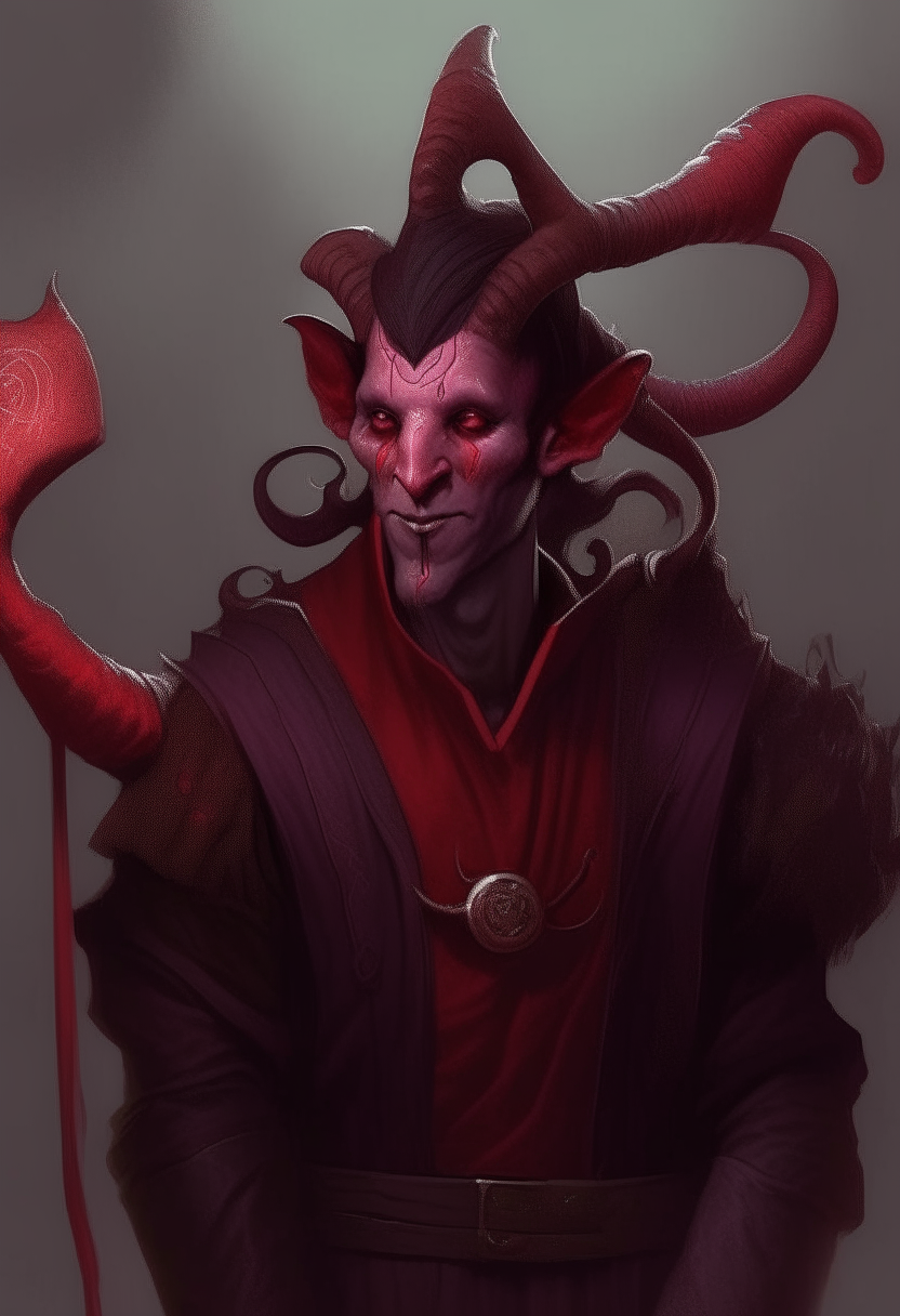 the warlock of the Great Old One as a tiefling, with red skin, horns and a tail