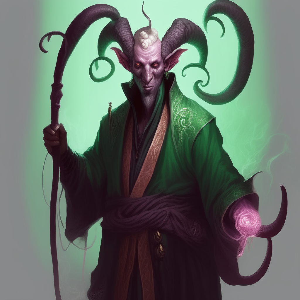 A tiefling warlock standing with a staff, wearing robes and horns. In the background are wispy green octopus tentacles.