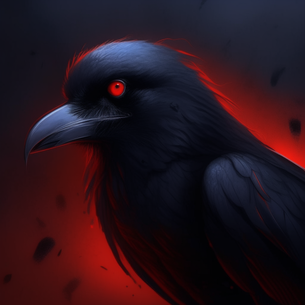 Raven with all black feathers and glowing red eyes, Dark Fantasy, Creepy, Ravenloft