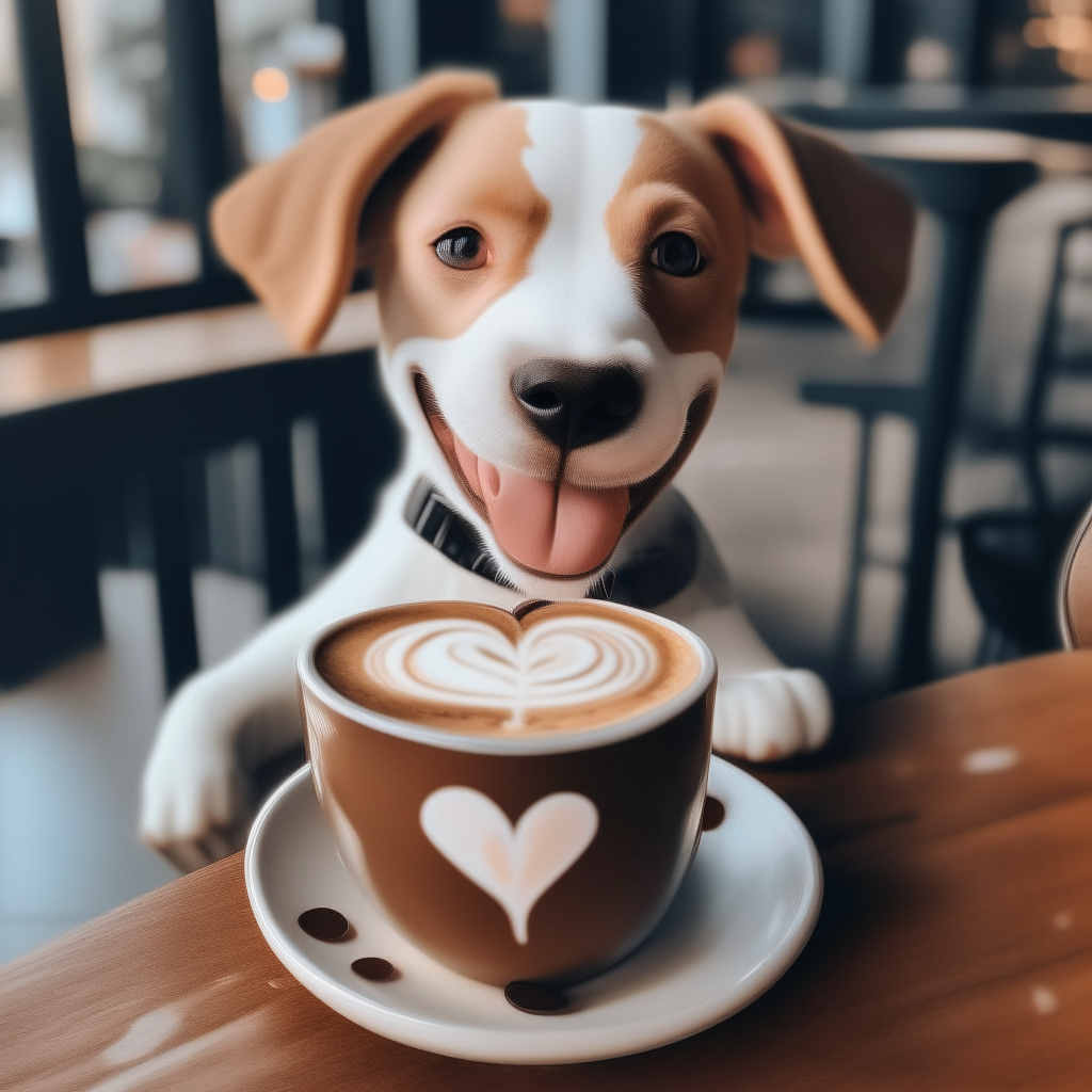 a happy puppy drinking a latte with heart-shaped foam art in a coffee shop